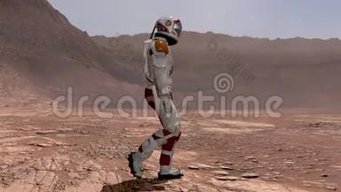 宇航员穿着太空服在<strong>火星</strong>表面行走。 探索<strong>火星</strong>任务。 未来殖民和